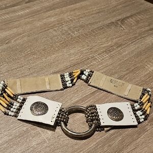 Beaded Ring-Accent Waist Belt - White, Cream & Brown